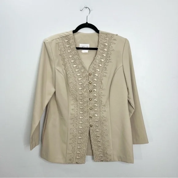 Vintage beige tan crochet detail blazer jacket 14 - Picture 3 of 12